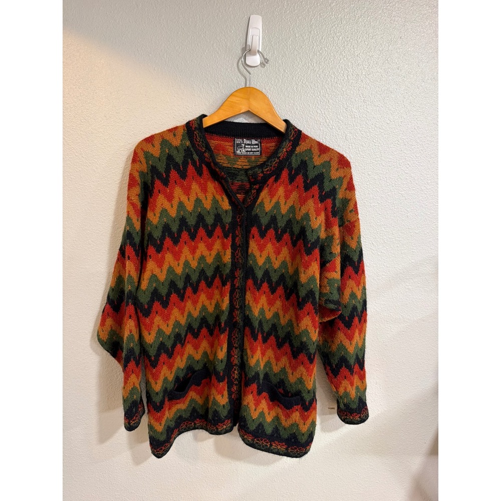 Vintage 100% Alpaca Wool Cardigan Sweater Made in Peru Chevron Zigzag Boho Women